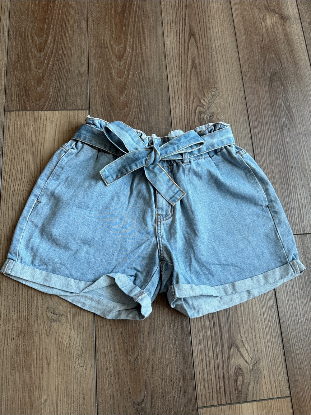 *Light Blue Paperbag Waist Denim Shorts - Women